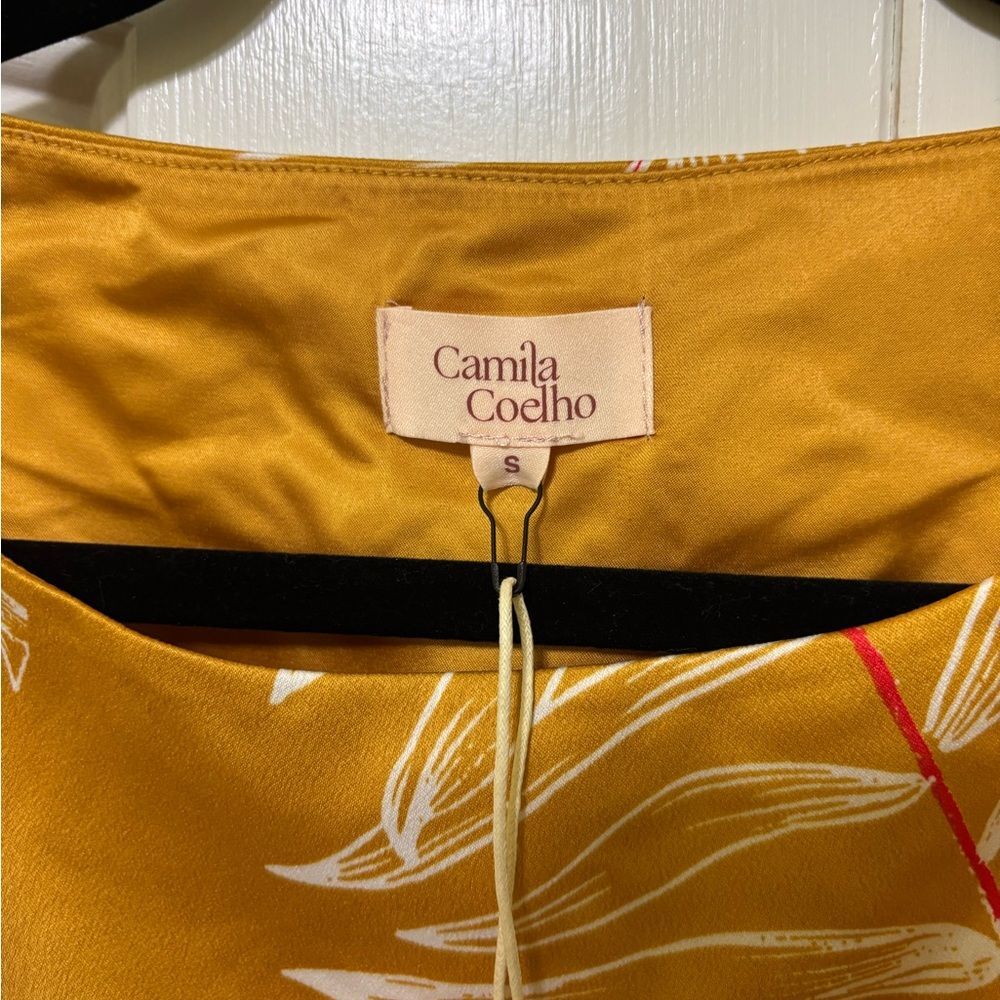 Camila Coelho Marcia Crop Top Gold Tropical Puff Sleeve Resort Glam Blouse, sz S - Picture 5 of 11